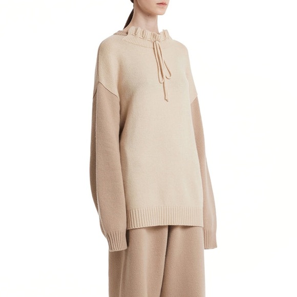 Trunk Project Korean Cream Knit Ruffled Tie Neck Oversized Wool Sweater - Picture 11 of 11